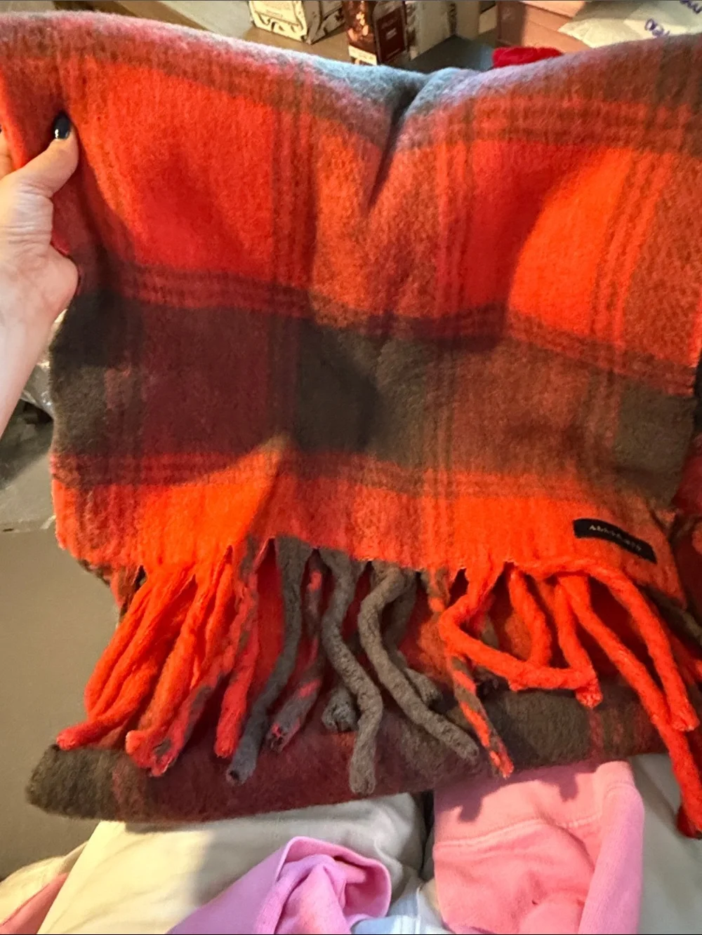 AllSaints Oversized Plaid Fringe Scarf in Orange and Green